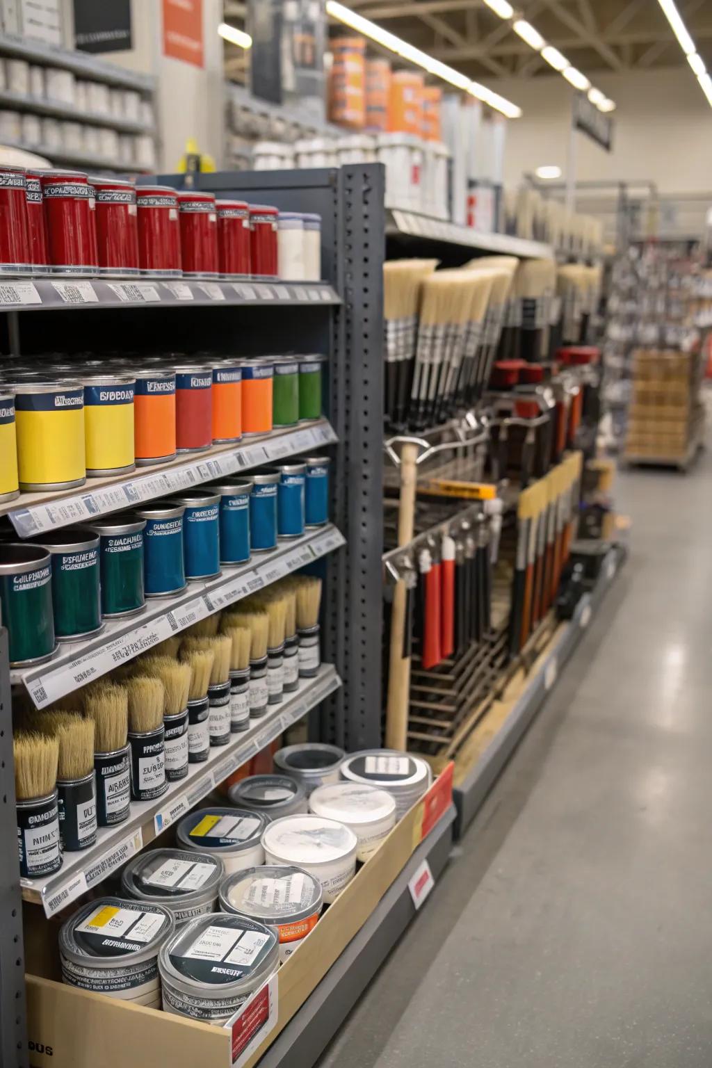 A cross-merchandised display containing painting accessories and supplies.