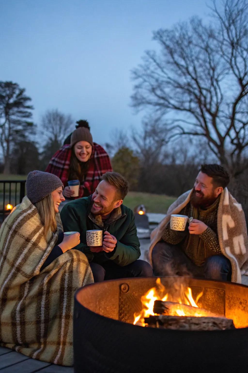 Savoring a snug gathering around an outdoor brazier.