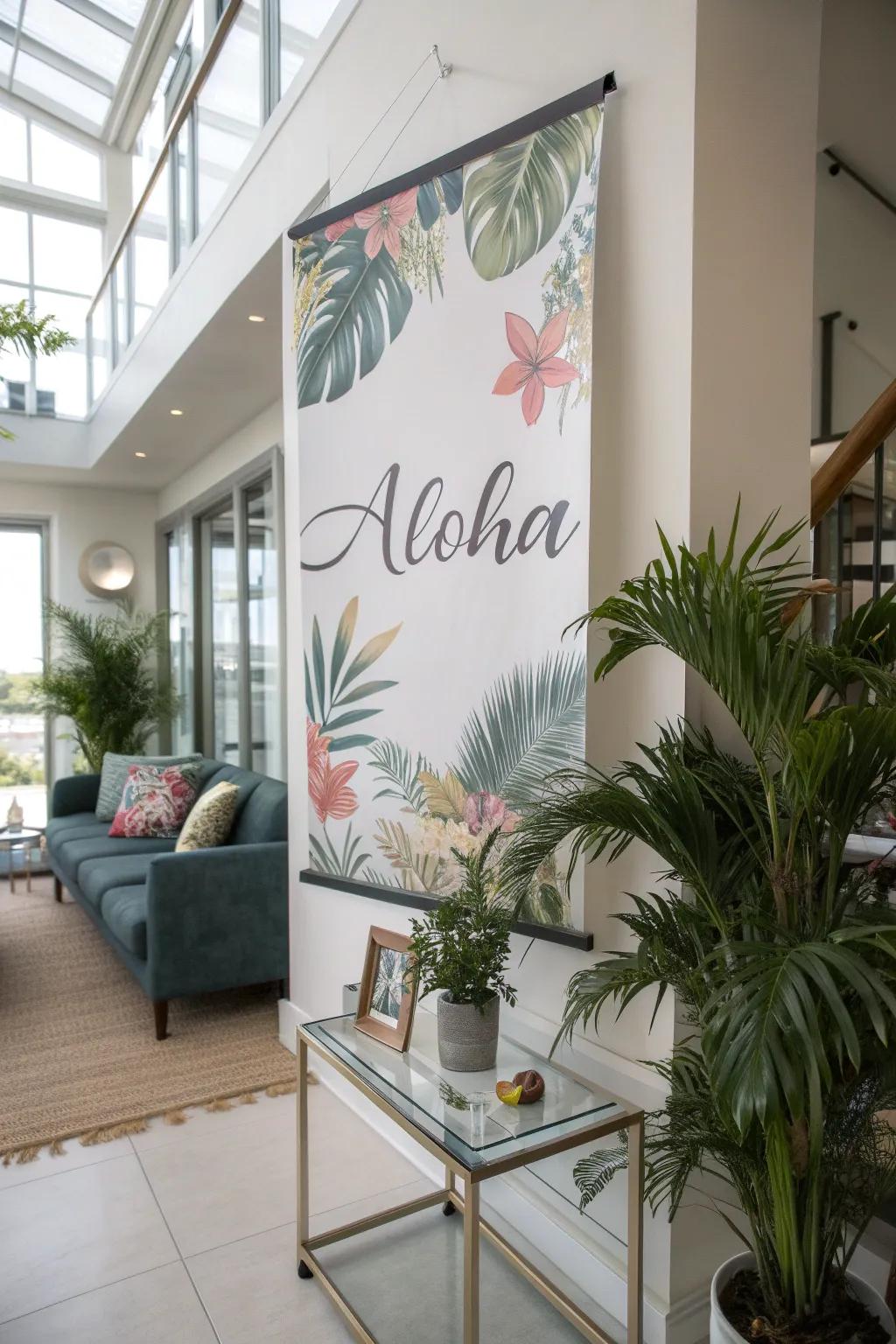 A print presenting the term 'Aloha,' bringing coziness to a stylish family room.