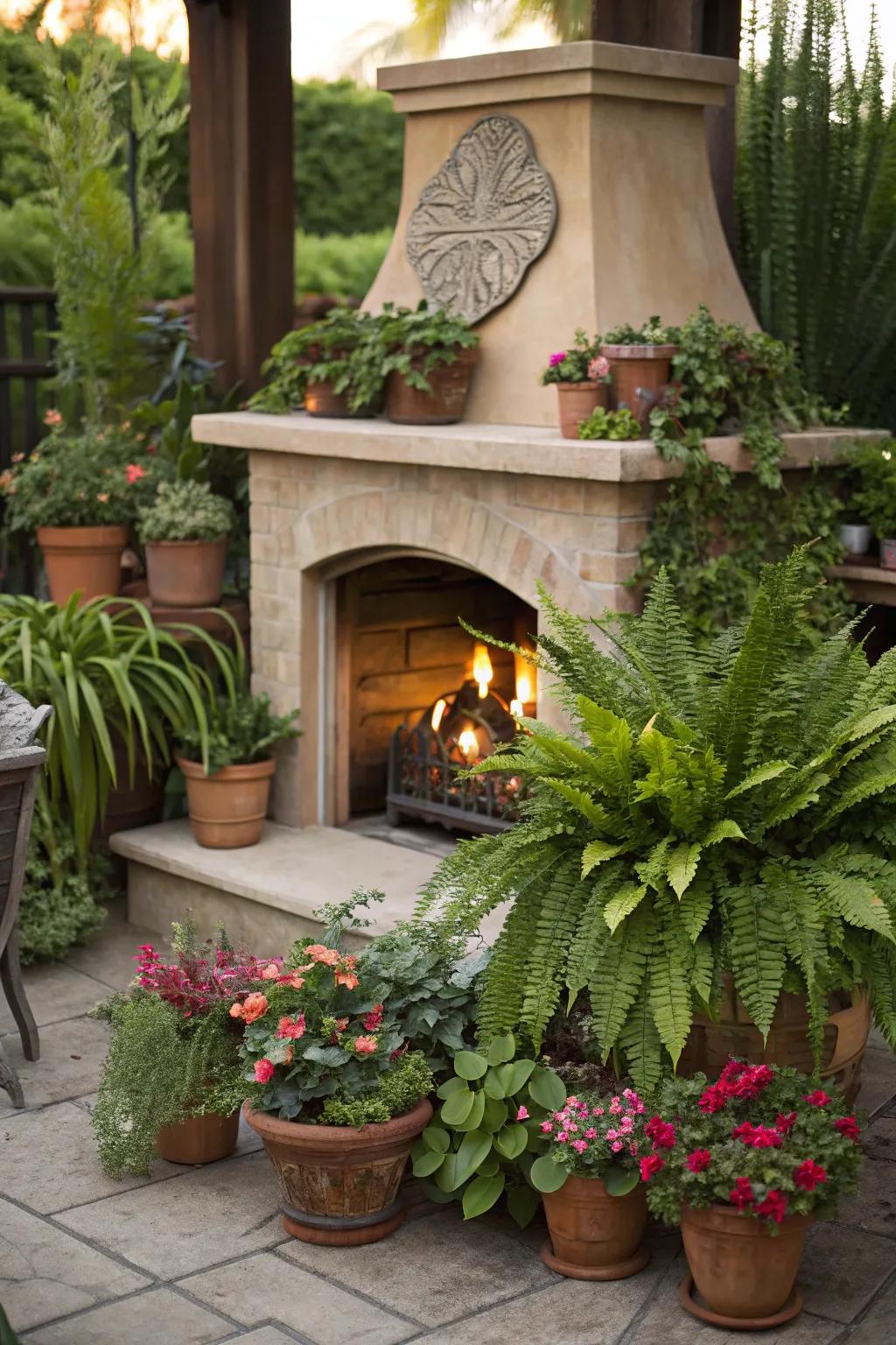 Plants breathe vitality into your fireside decor.