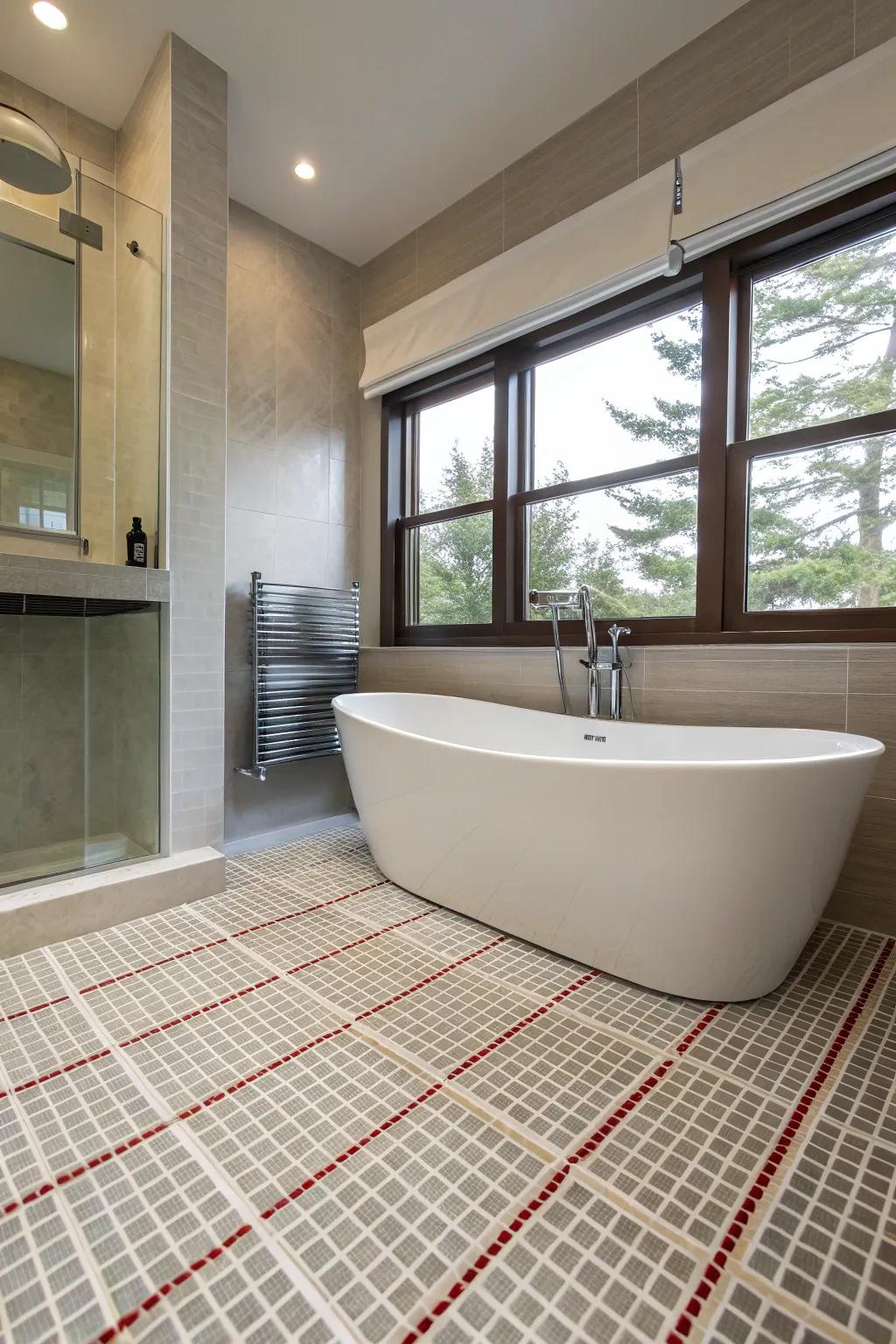 A modern bathroom featuring underfloor warmth, offering a hint of luxury and comfort.