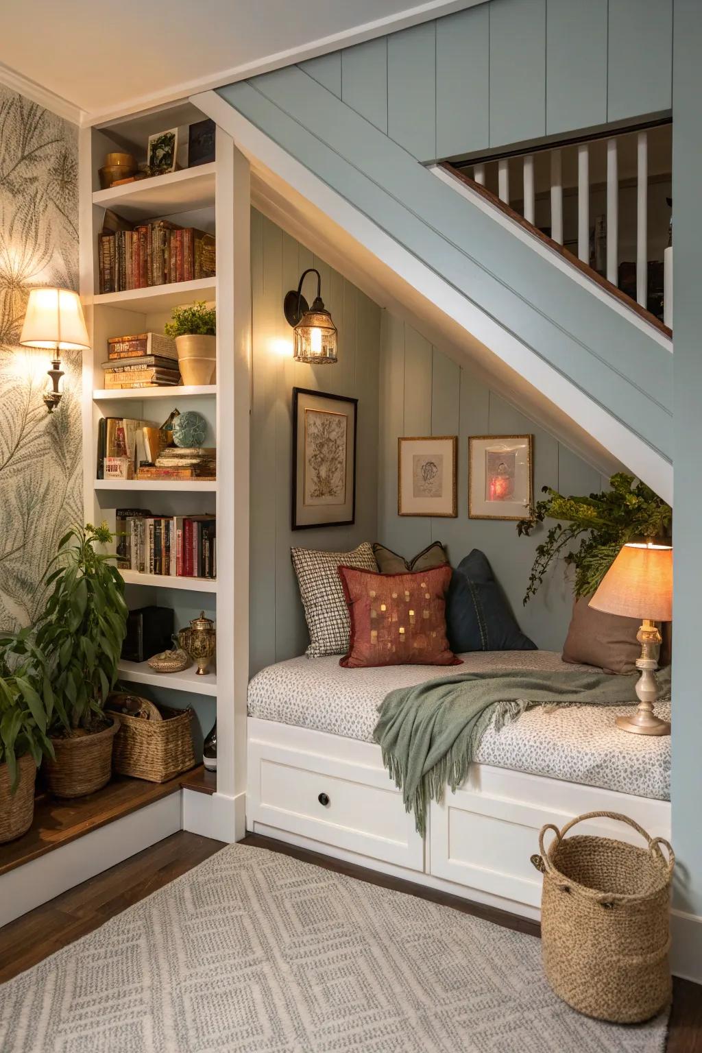 Charming hideaway bed nestled under the staircase