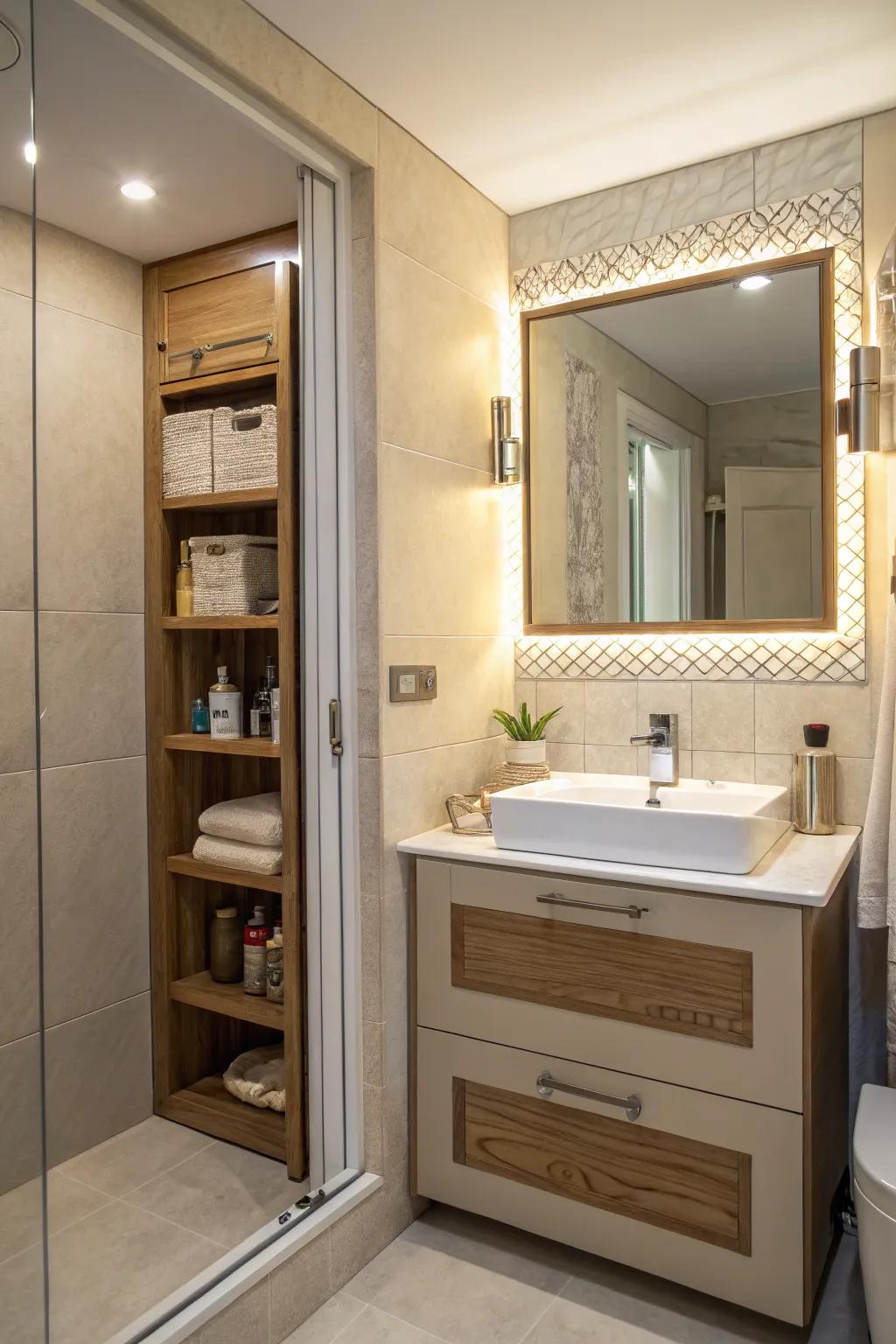 A side mirror offering concealed storage capacity in a bathroom.