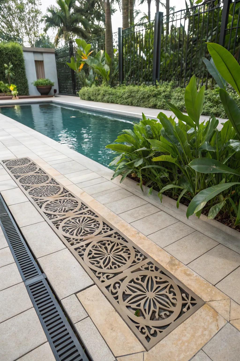 Artistic ornamental grilles introduce an unexpected design aspect to the deck.