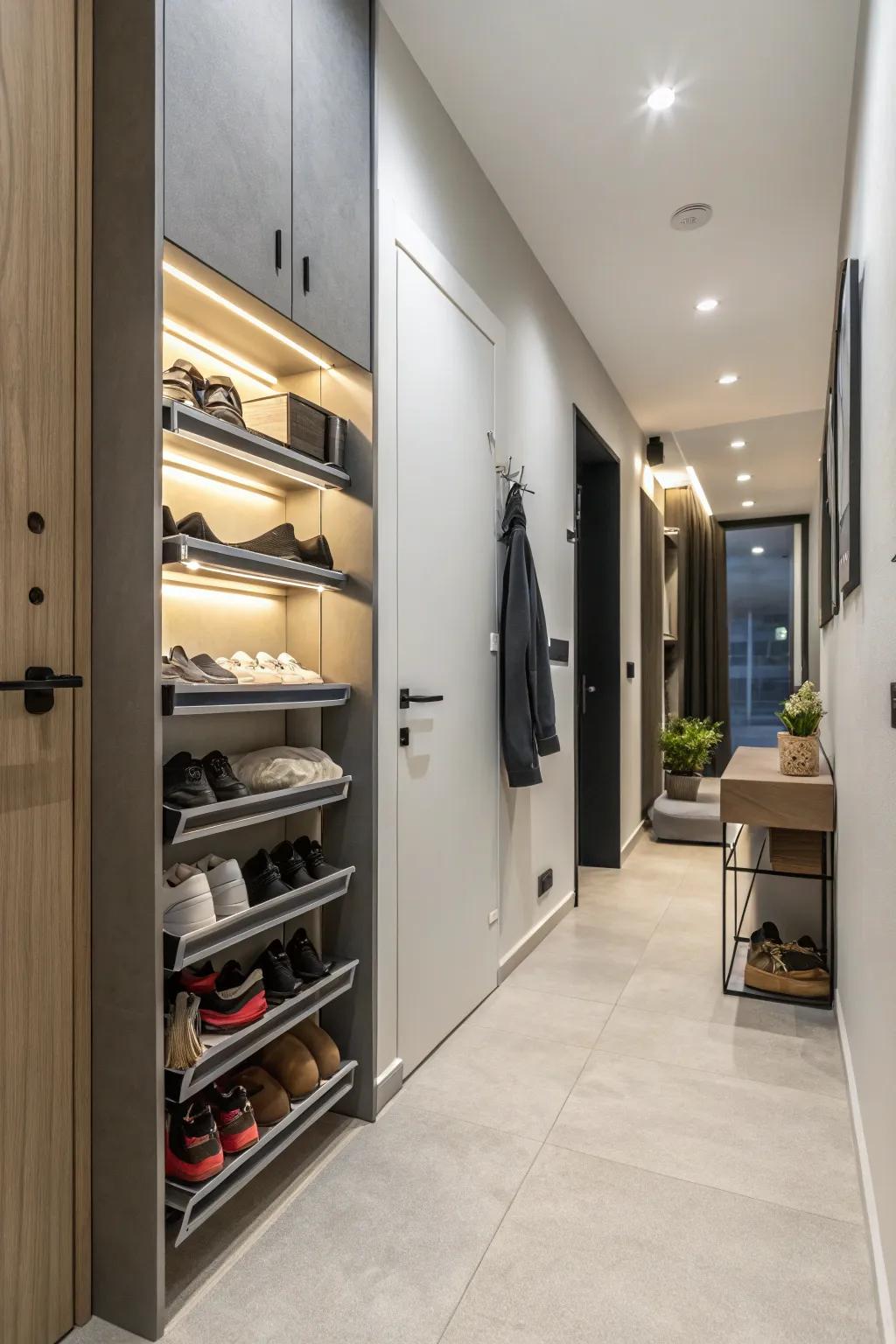 Maximize space with mounted shoe storage options.