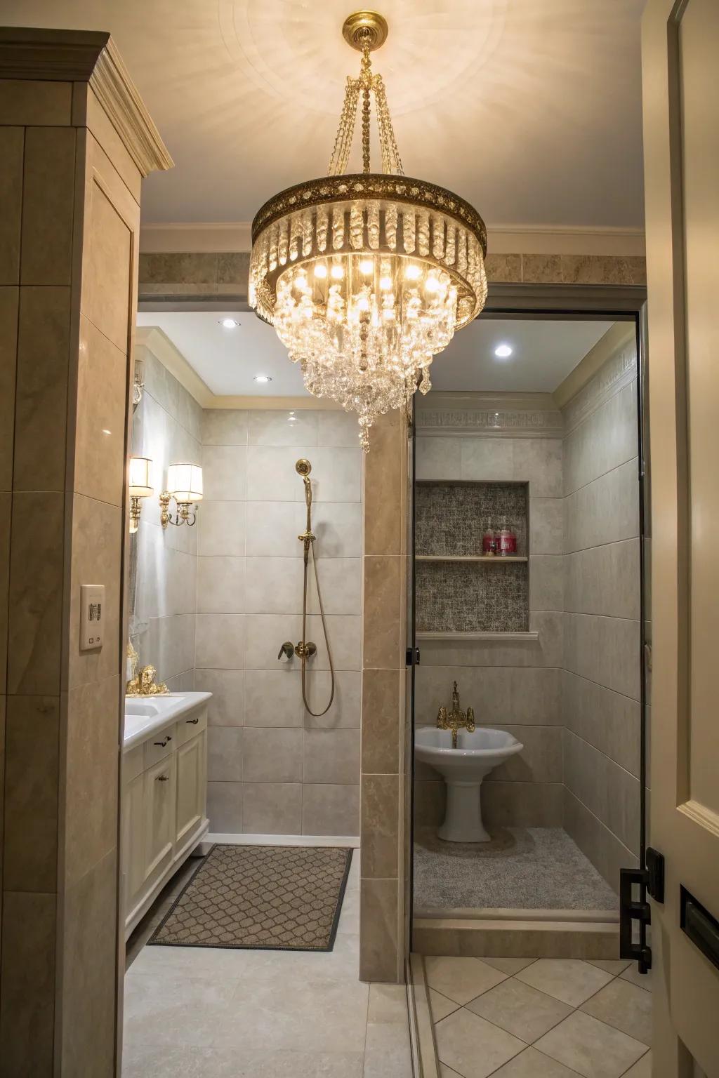 A luminaire embellishes a hint of extravagance to the concealed shower.