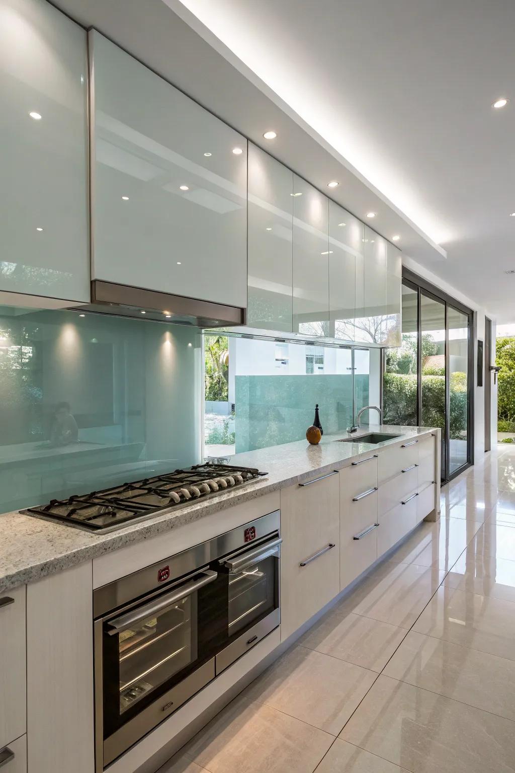 A seamless glass backsplash elevates a modern kitchen.