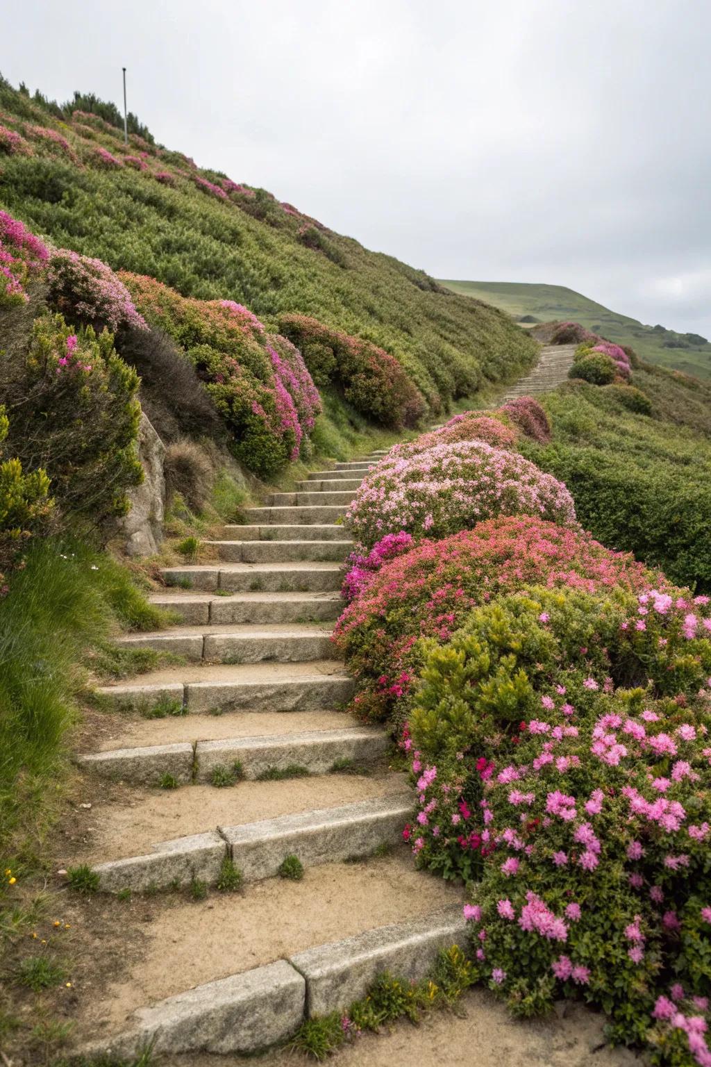 Abundant greenery frames steps beautifully, integrating them into the landscape.
