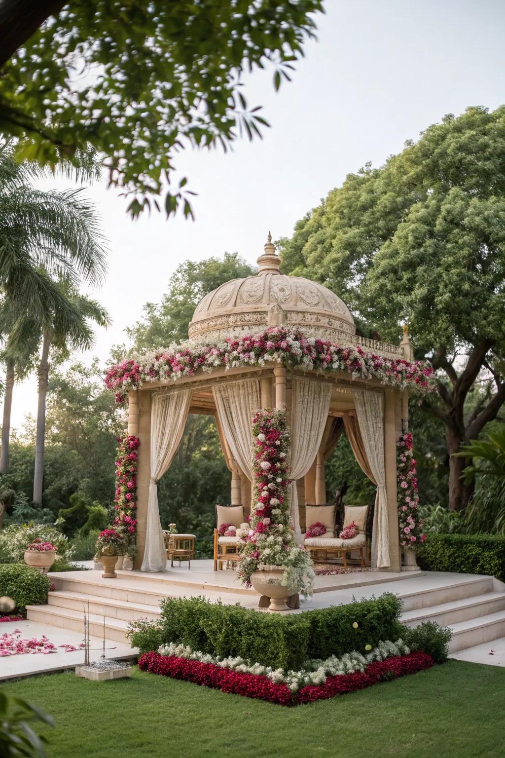 An idyllic garden backdrop beautifully encapsulating the mandap.