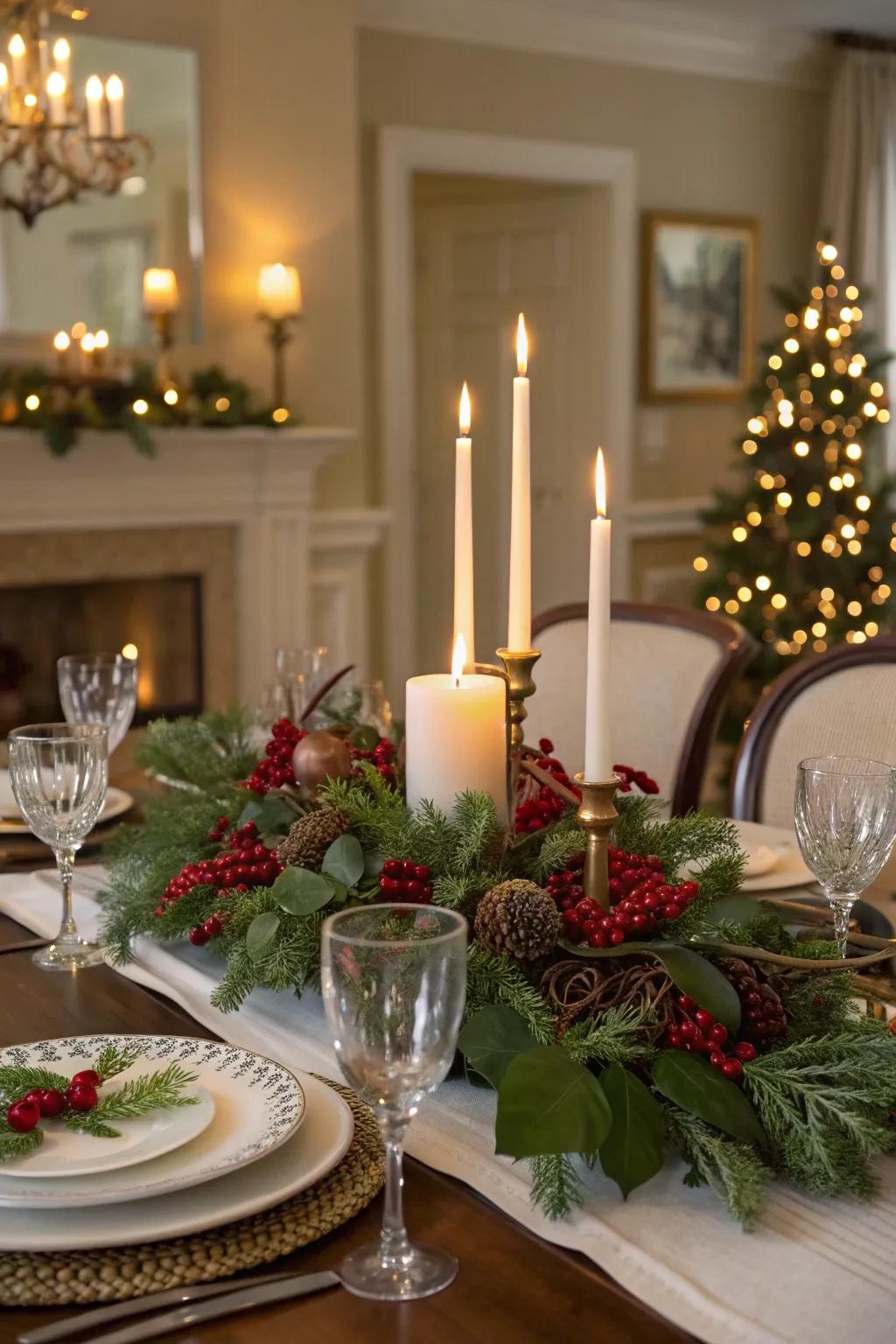 A festive dining table set with candles and seasonal touches.