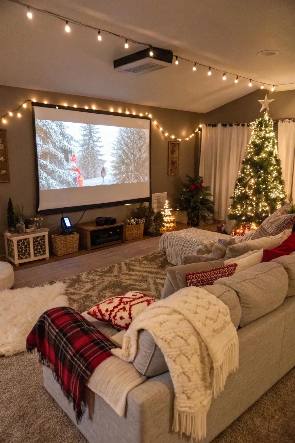 Savor a snug Yuletide Film Evening with beloved movies and treats.