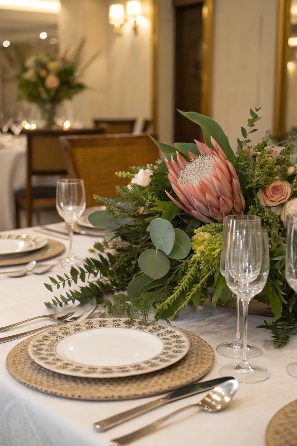 An assortment of blossoms and verdure crafts a breathtaking table composition.