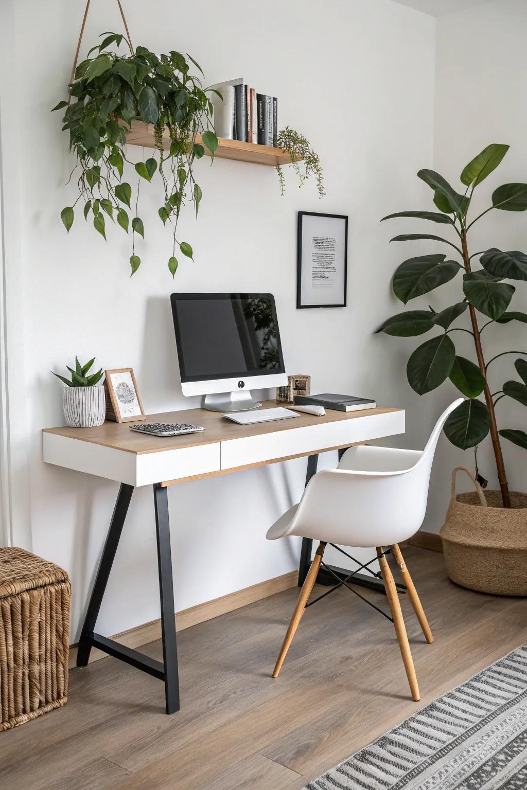 A suspended desk introduces sophistication and openness to a home office.