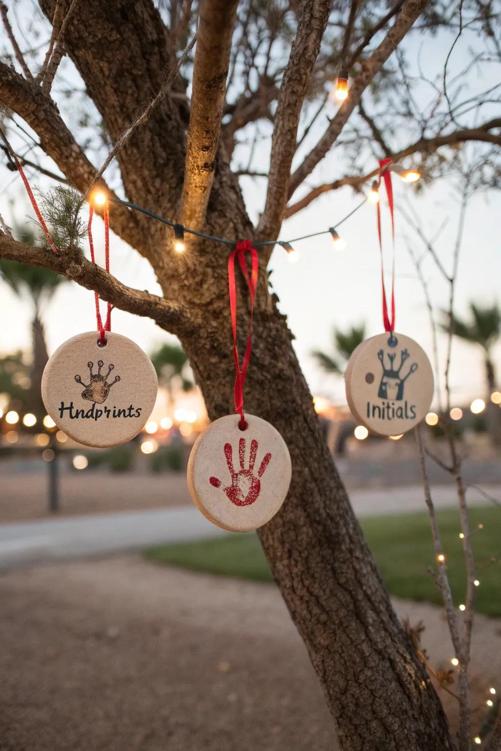 Personalized salt dough ornaments capturing memories on the Christmas tree.