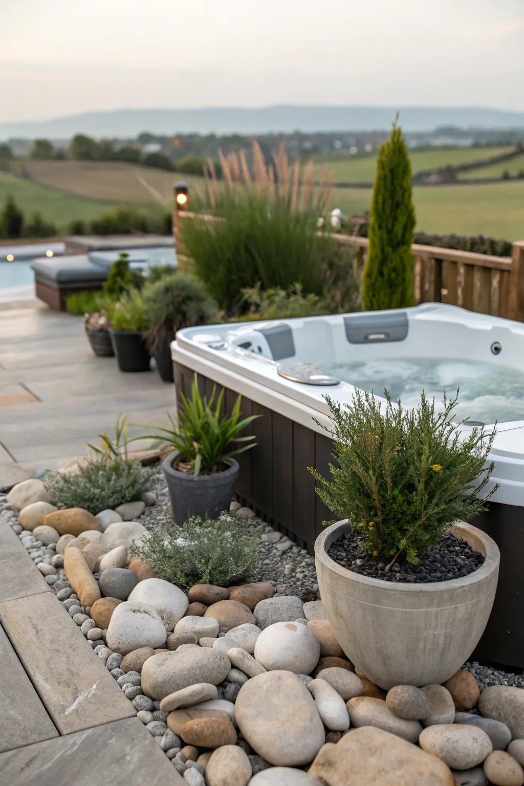 Decorative stones and planting pots enrich the charm of the <strong><em>hot tub</em></strong> surrounding.” loading=”lazy” class=”pimg”>
	</picture><figcaption>Decorative stones and planting pots enrich the charm of the <strong><em>hot tub</em></strong> surrounding.</figcaption></figure>
<p>Assimilate ornamental details like stones or chic planting pots to amplify your <strong><em>hot tub’s</em></strong> visual allure. In my undertakings, I’ve come to realize that these additions genuinely unify the space with elegance.</p>
<h3>Give these a look:</h3>
<ul class=