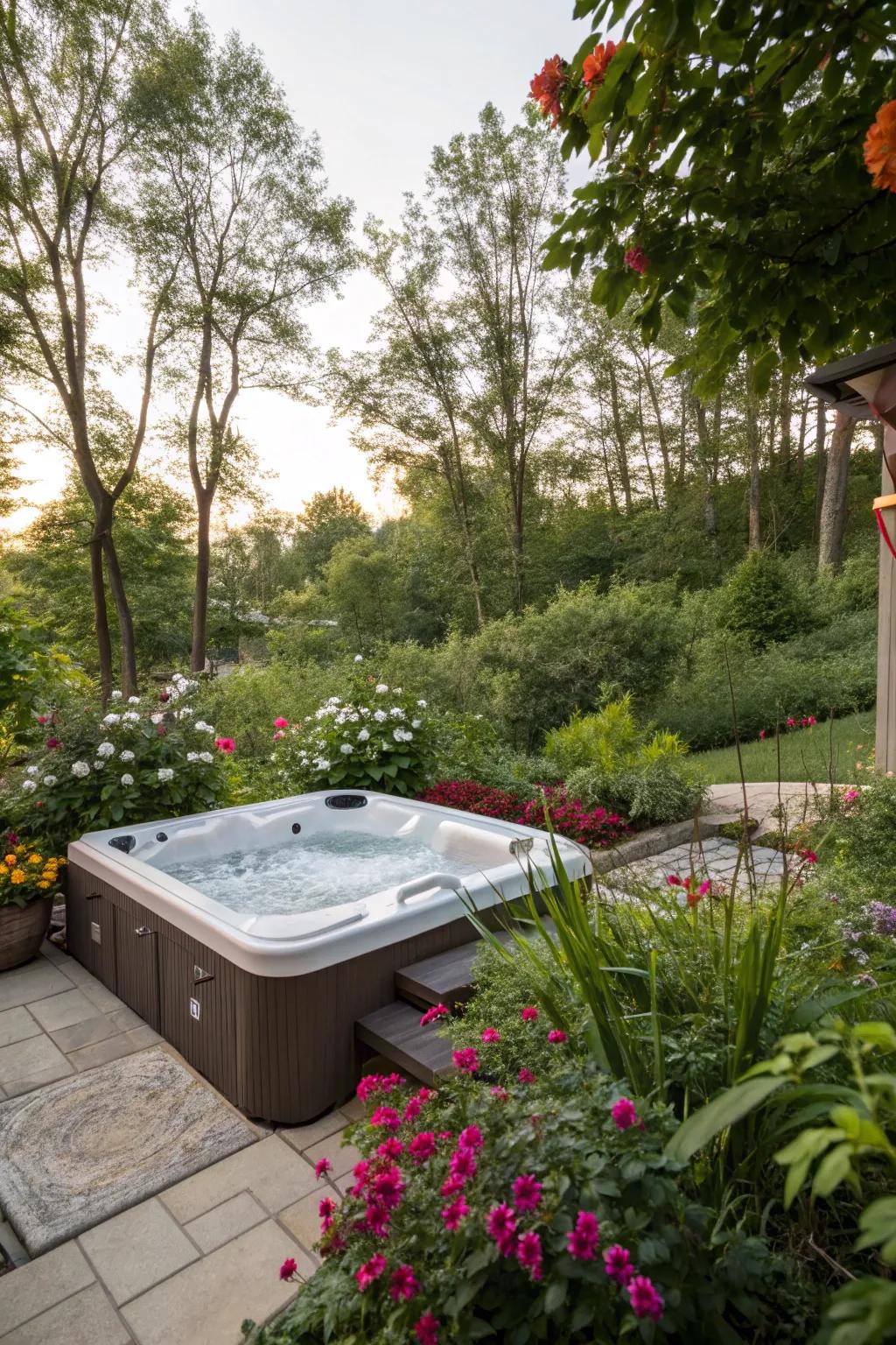 Surround yourself in nature with a beautifully landscaped hot tub setting.
