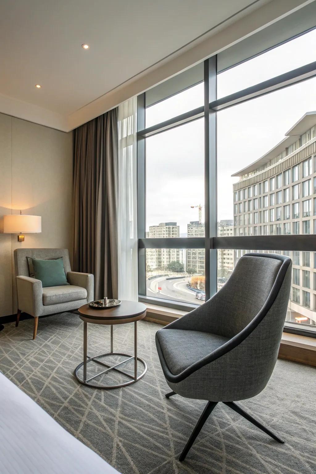 Streamlined furnishings bring a modern feel to spaces in temporary accommodations.