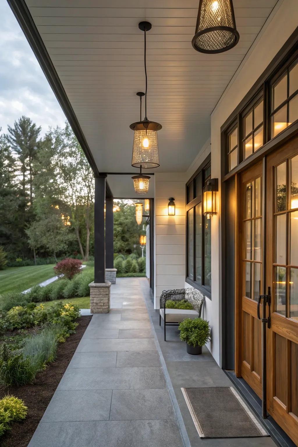 Subdued lighting engenders a welcoming aura on this modern porch.