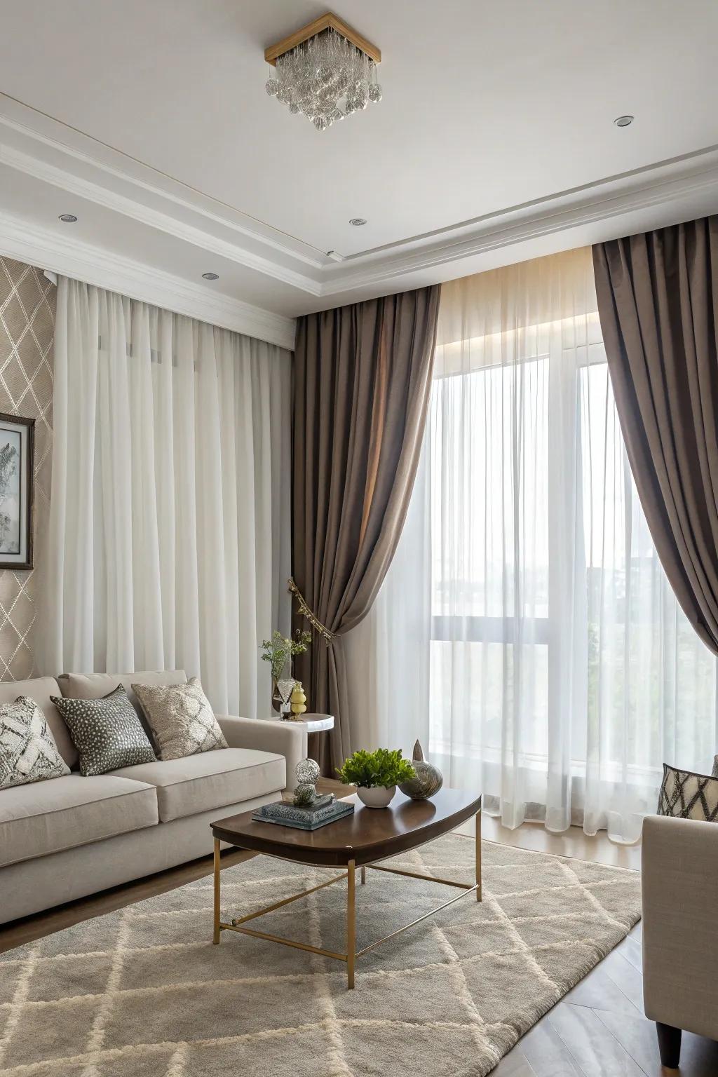 Layered window coverings offer a blend of practicality and visual allure.