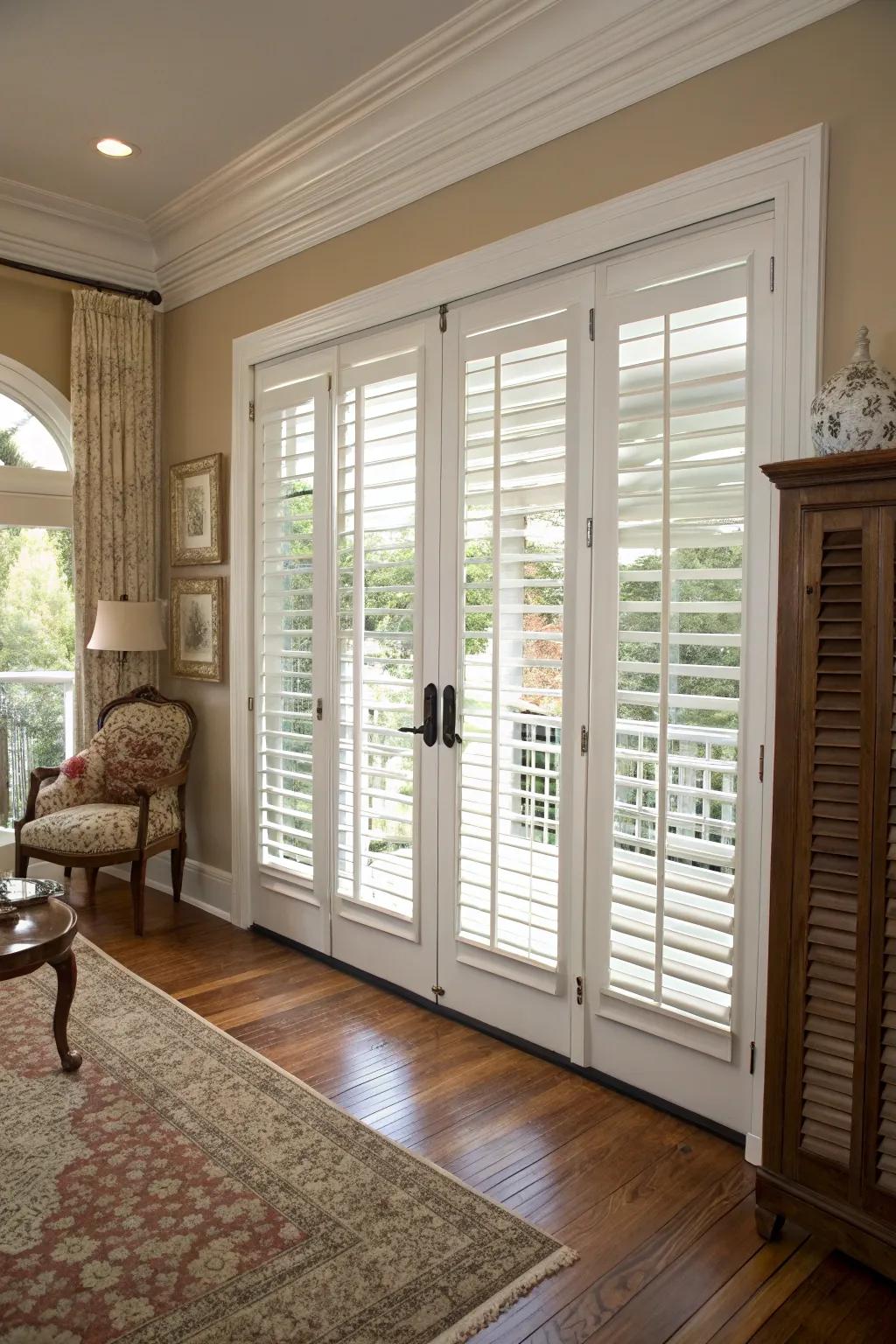 Louvered window treatments combine lasting quality with timeless style.