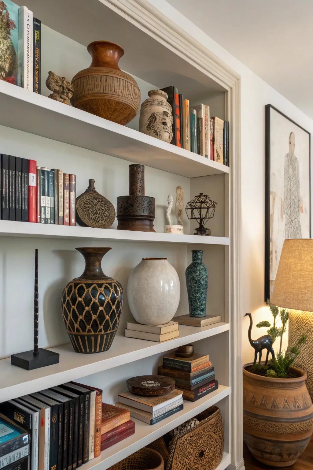 Bookshelf displaying ornamental items.