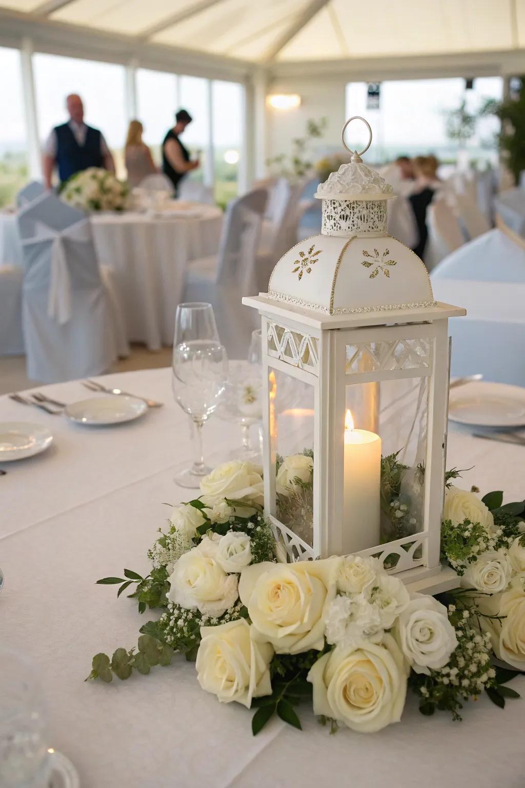 An elegant wedding centerpiece featuring white roses and a metallic lantern.