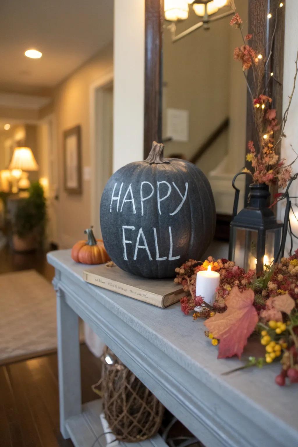 A chalkboard pumpkin, ideal for adding personalized messages that resonate within your home.