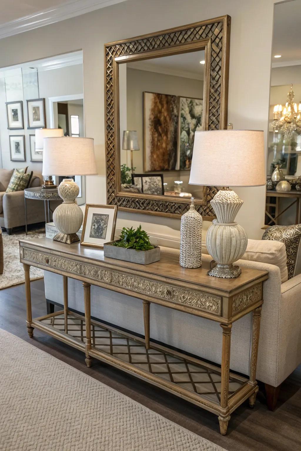Mirrors and art introduce depth and sophistication.