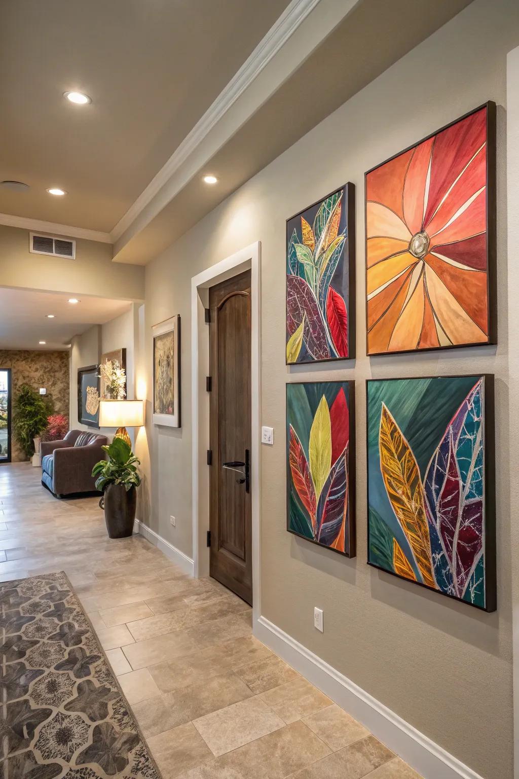 Striking artwork adds personality and becomes a focal point in the entryway.