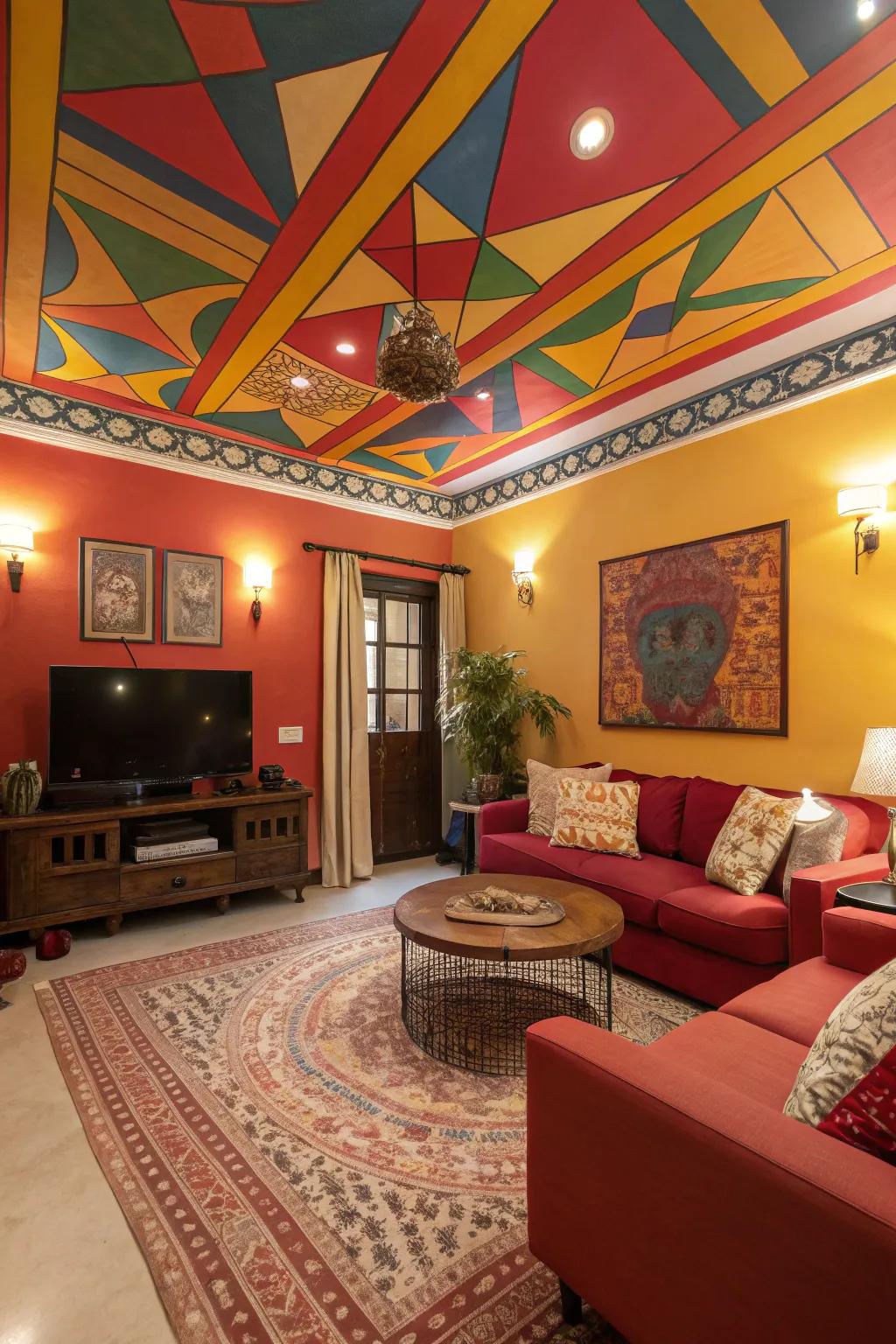 A vibrant living space with a striking, brightly painted roof.
