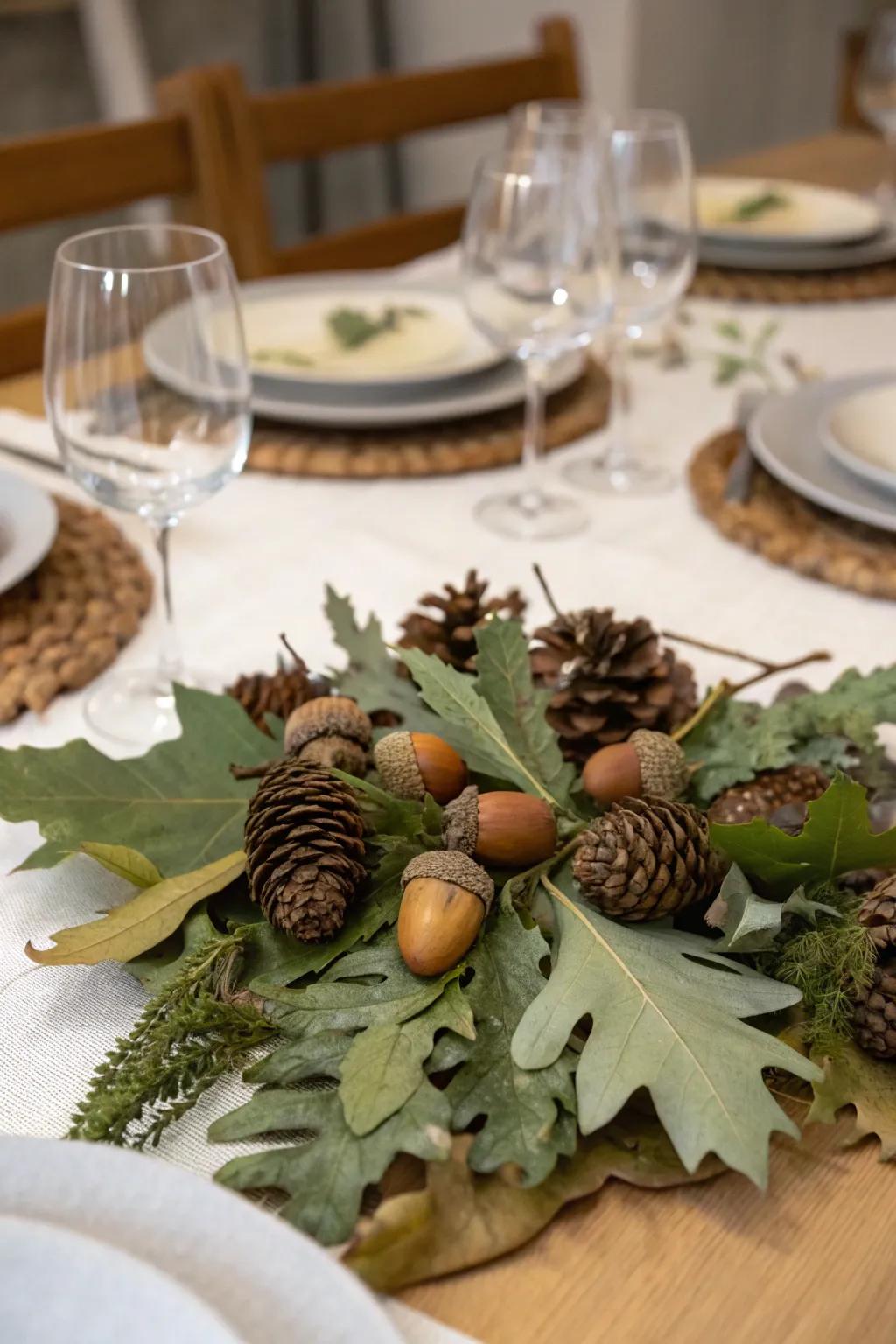 A nature-inspired centerpiece gracing an autumnal table display.