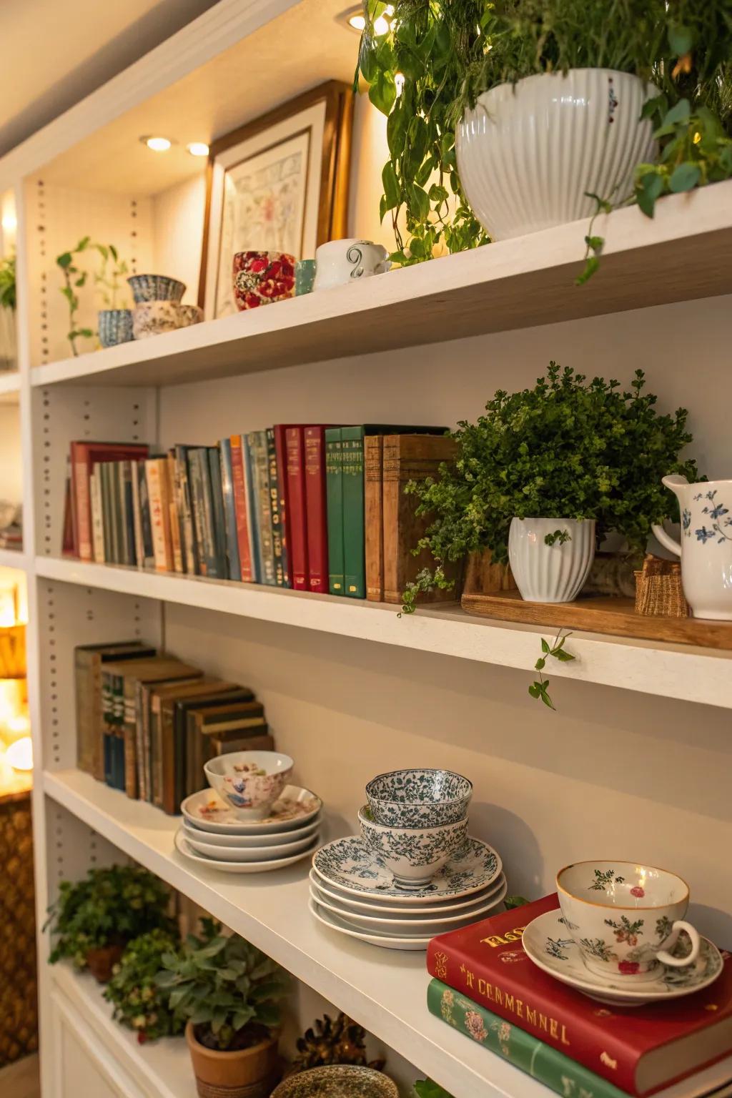 A varied combination of china, publications, and vegetation on exposed surface mounts for a vibrant display.