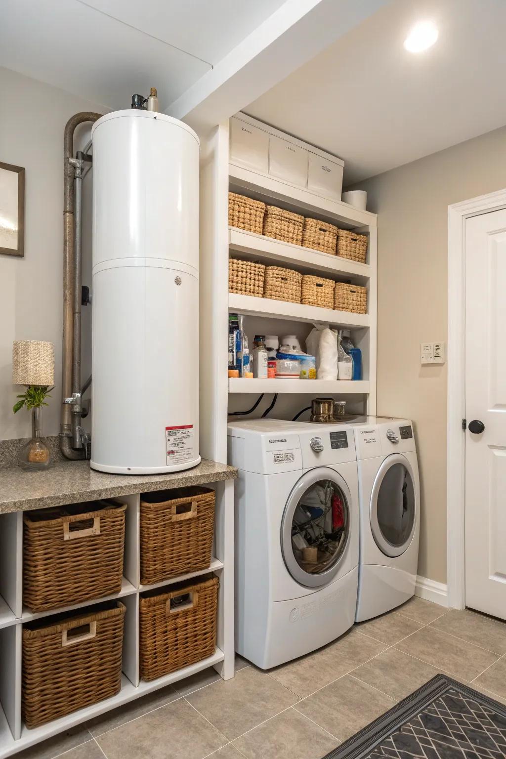 Shelving can conceal your water heater and offer storage.