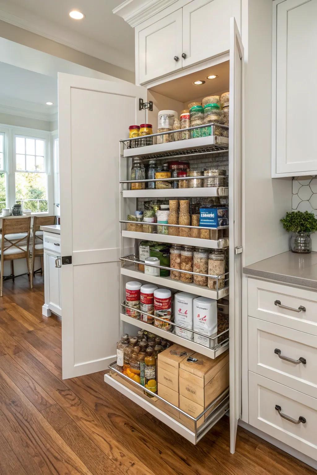 Gliding racks make pantry items accessible.