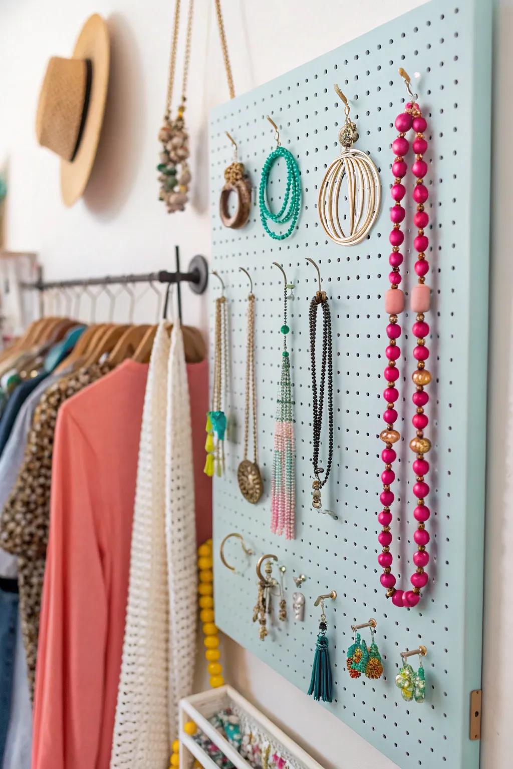 Perforated panels make versatile and fashionable jewelry organizers.