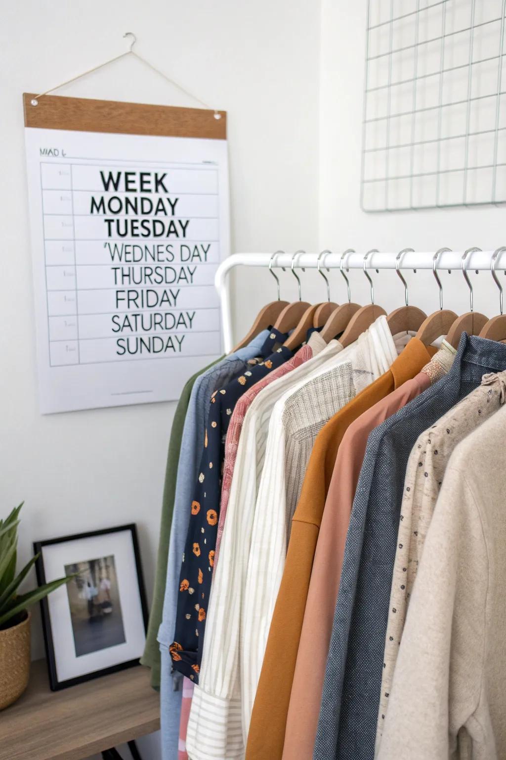 A pre-planned weekly outfit arrangement streamlines morning routines.