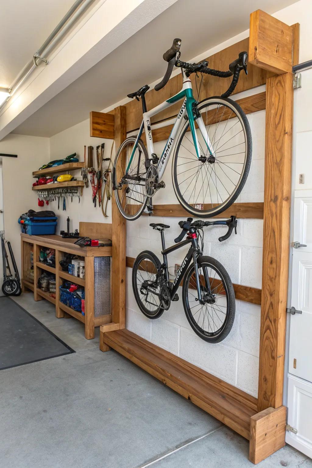 Inventive handmade wooden bike racks for personalized storage.
