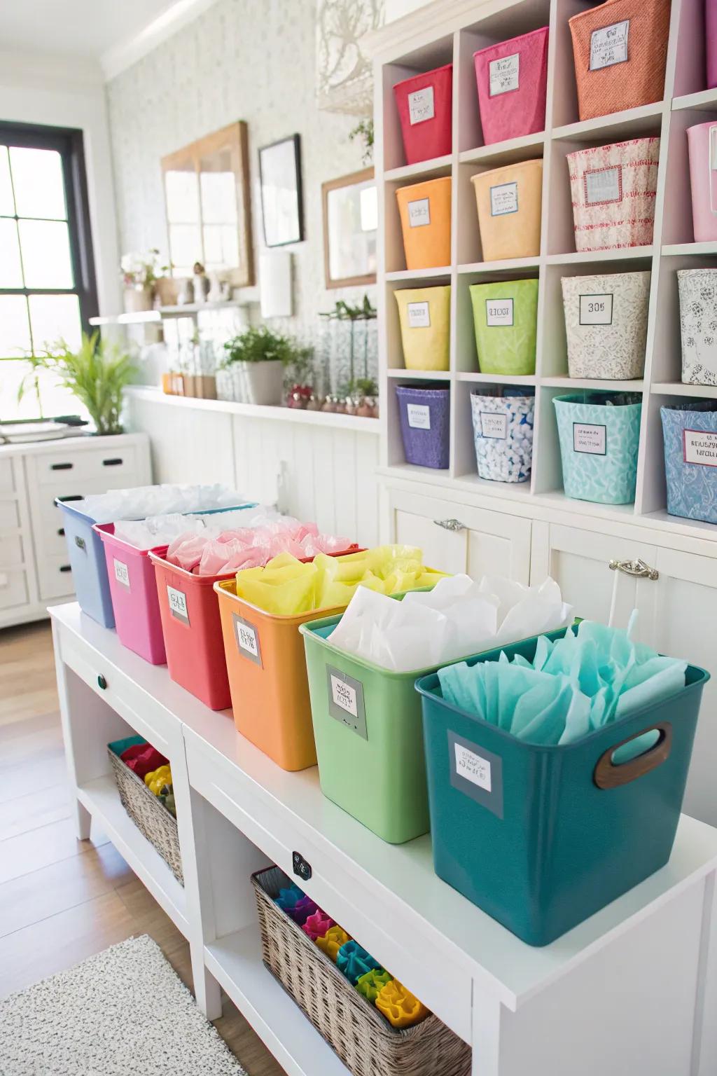 Color-coded bins make organizing tissue paper easier.
