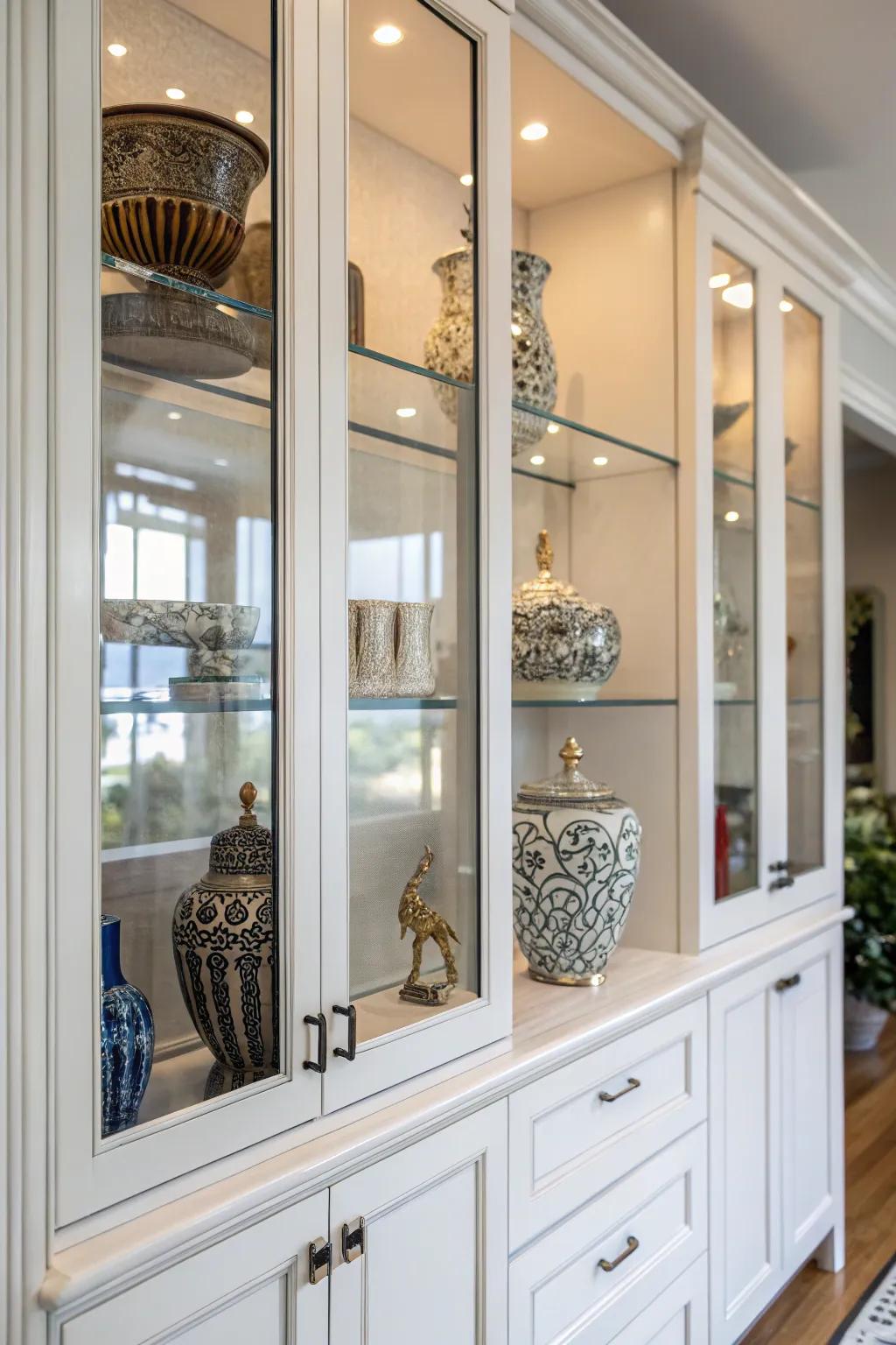 Decorative elements injecting charm into the glass cabinets.