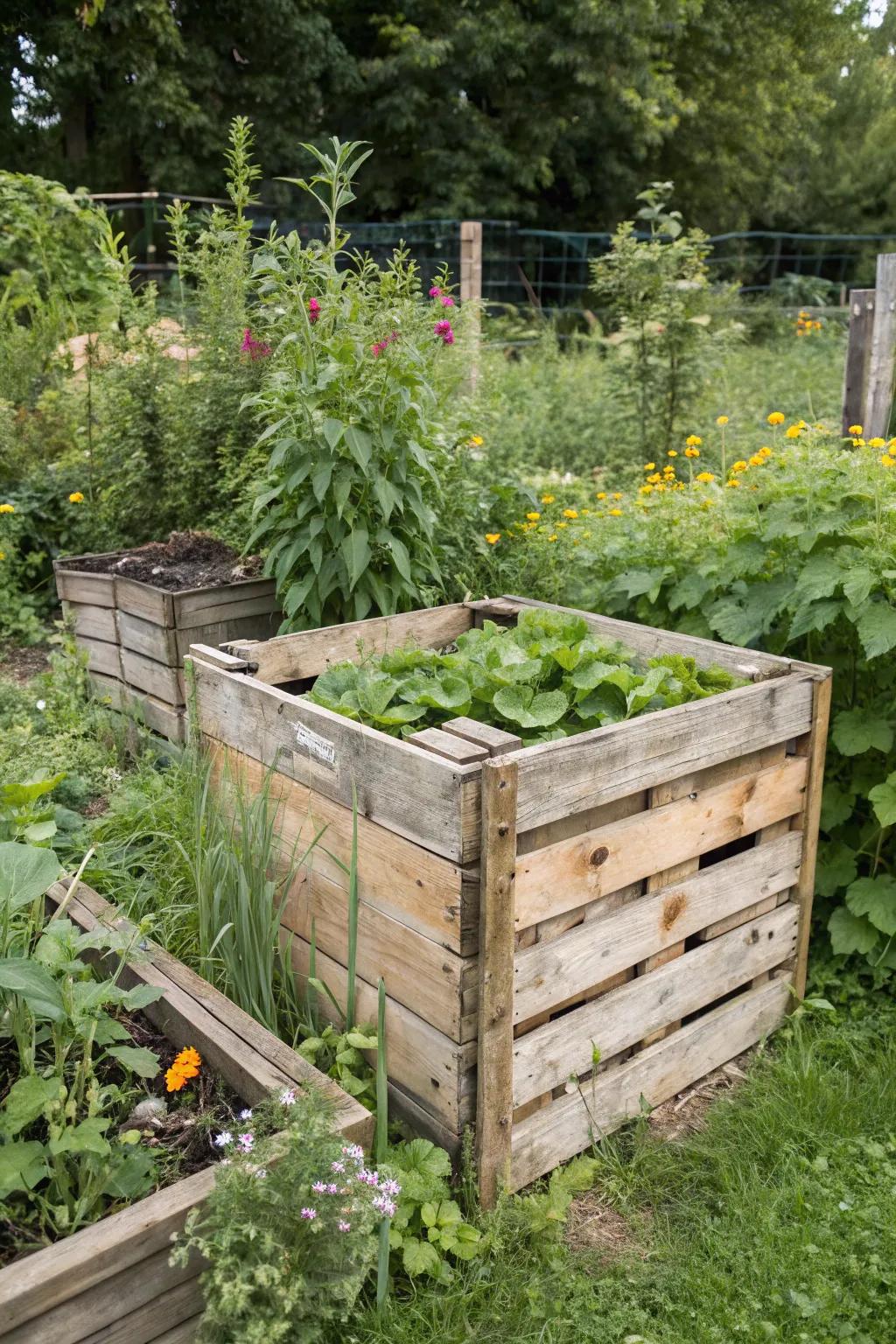 A handmade compost bin crafted from reclaimed wood, seamlessly integrating into the garden's aesthetic.