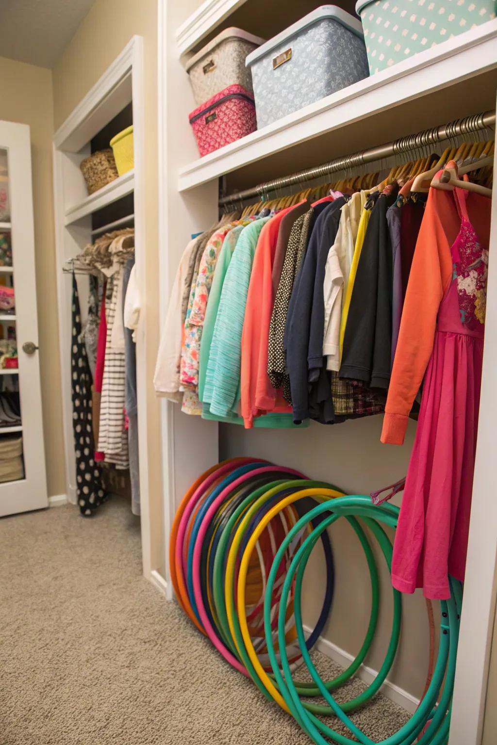Playful rings cleverly housed within a wardrobe, optimizing both space and arrangement.