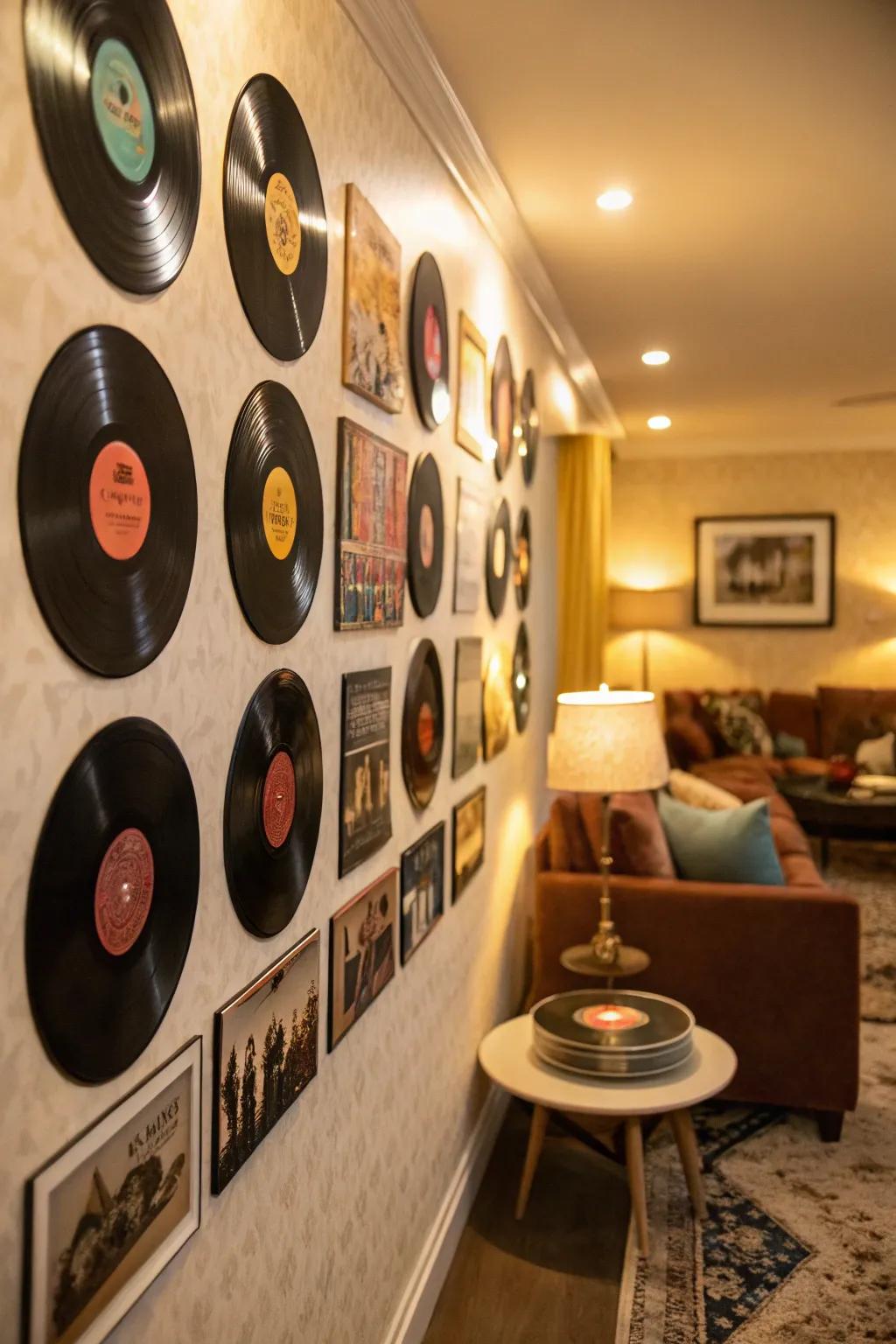 Circular black plastic discs cleverly repurposed as decorative features.
