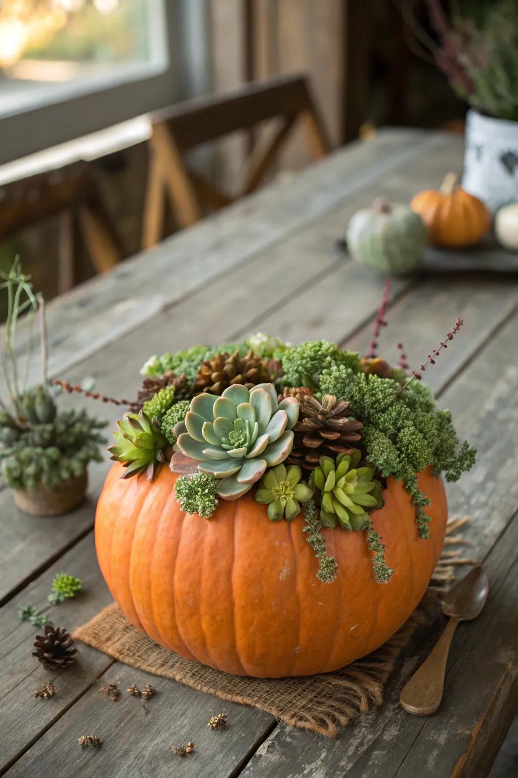 A pumpkin topped with verdant plants for a revitalizing and unaffected display.