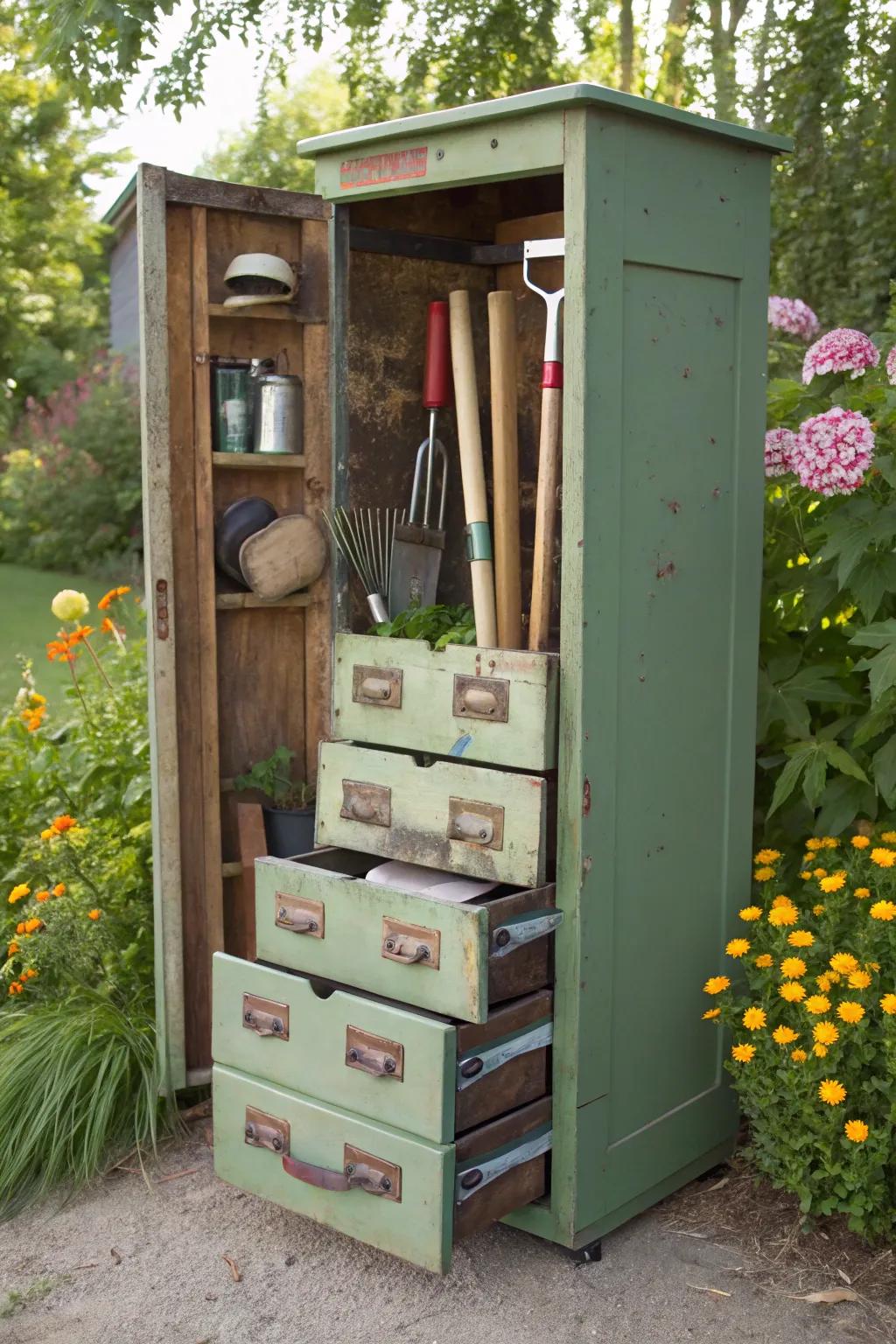 Old furniture is reinvented as useful garden tool storage.