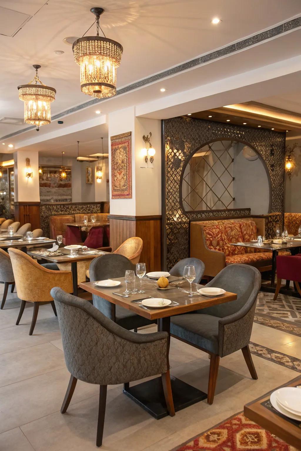 A combination of contemporary and classic furniture designs in an Indian restaurant.