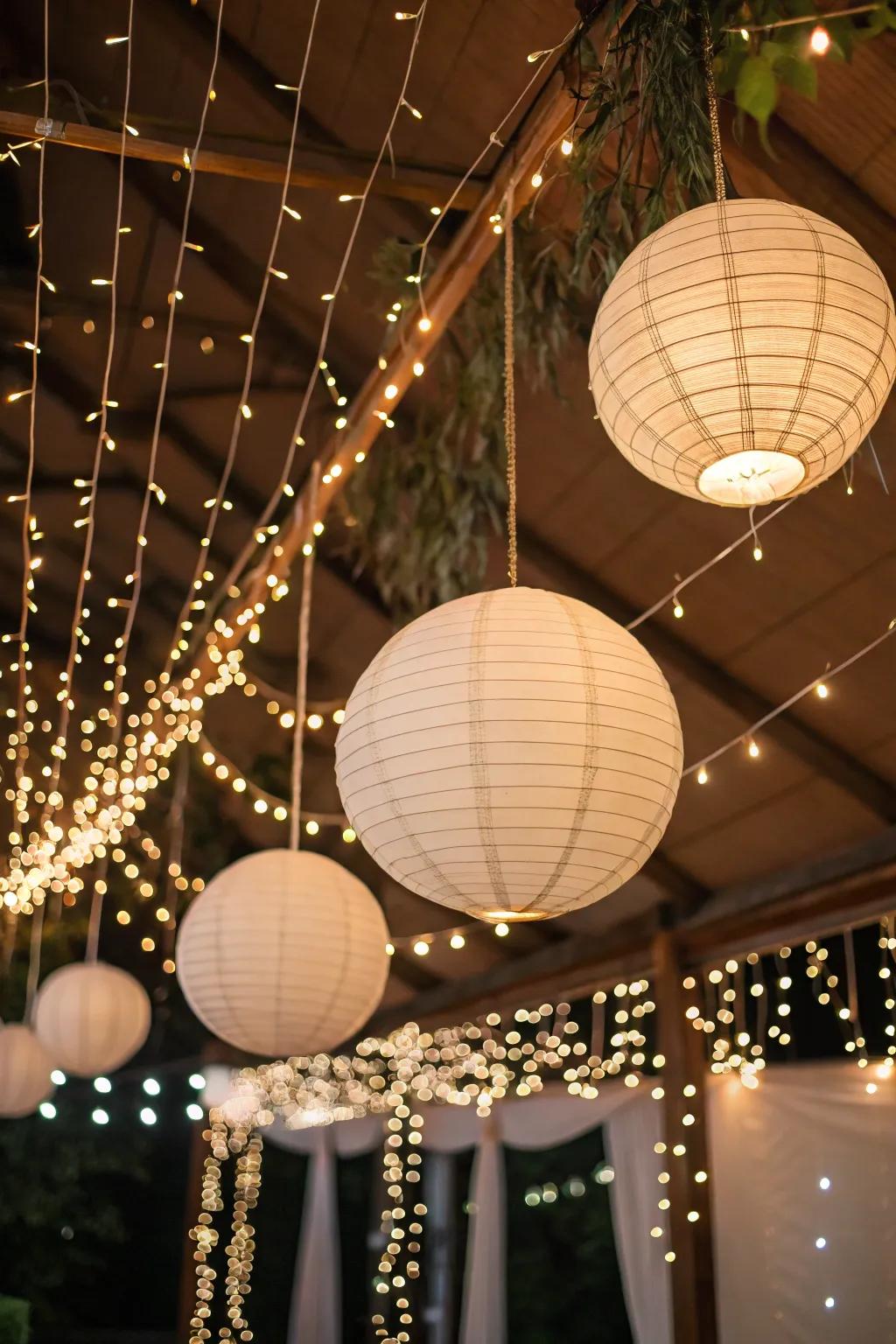Design an enchanting atmosphere using fairy lights and paper balls on the ceiling.
