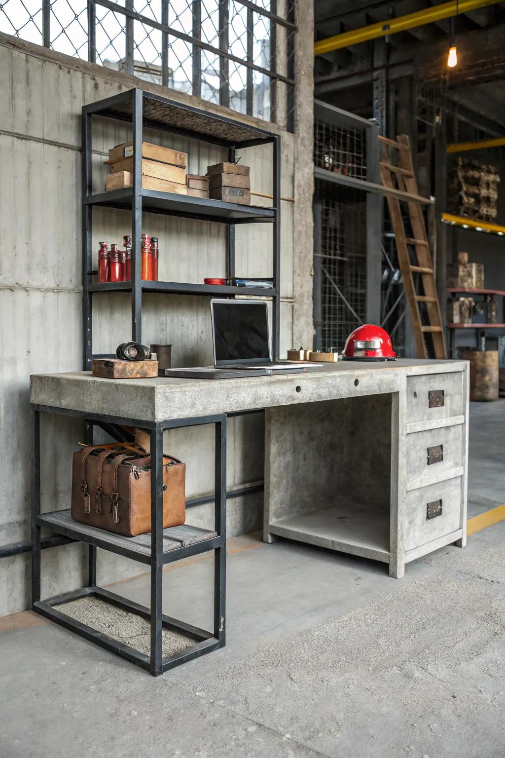 Concrete and steel form a striking and durable industrial desk.