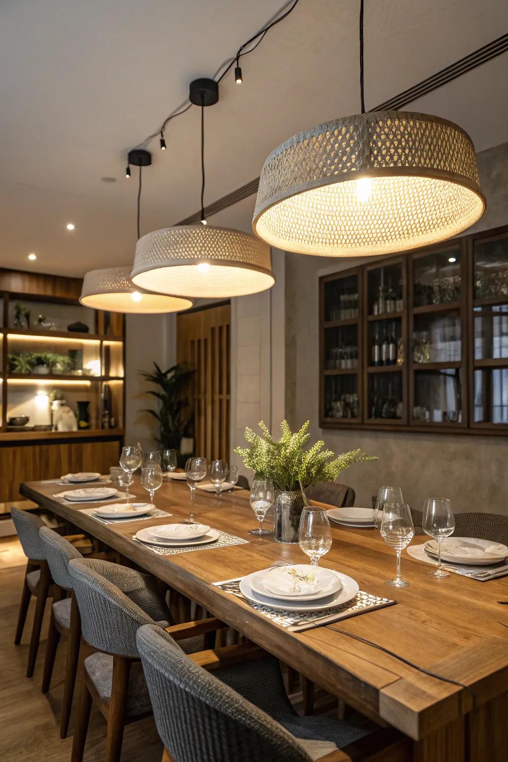 Elegant dining space featuring industrial high bay lighting