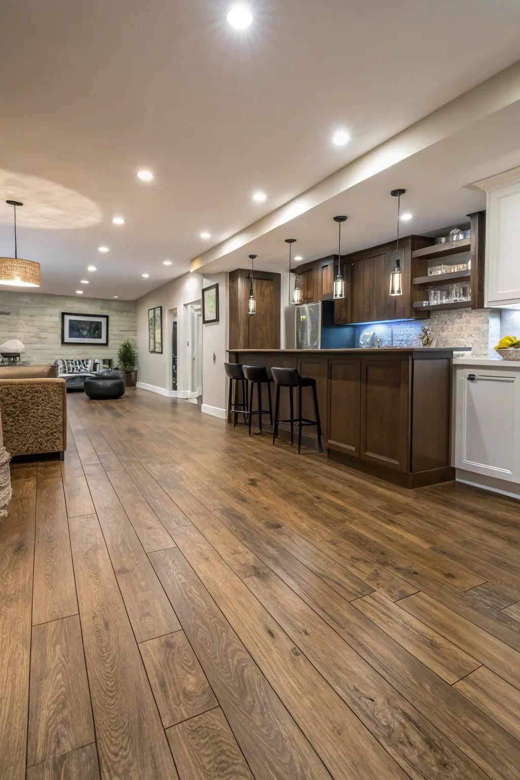 Laminate flooring provides elegance and practicality.