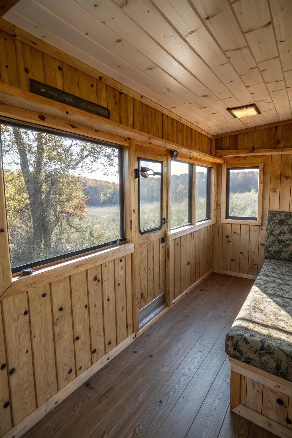 Wood paneling adds insulation and rustic charm.